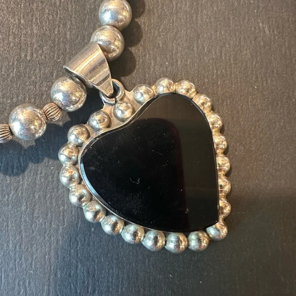 Sterling Silver Beaded Necklace with Black Heart Pendant - Picture 3 of 6